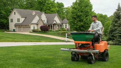technician on machine treating lawn 