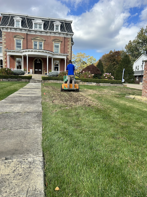 crew on machine front yard fixing grub damage with aeration and overseeding-1