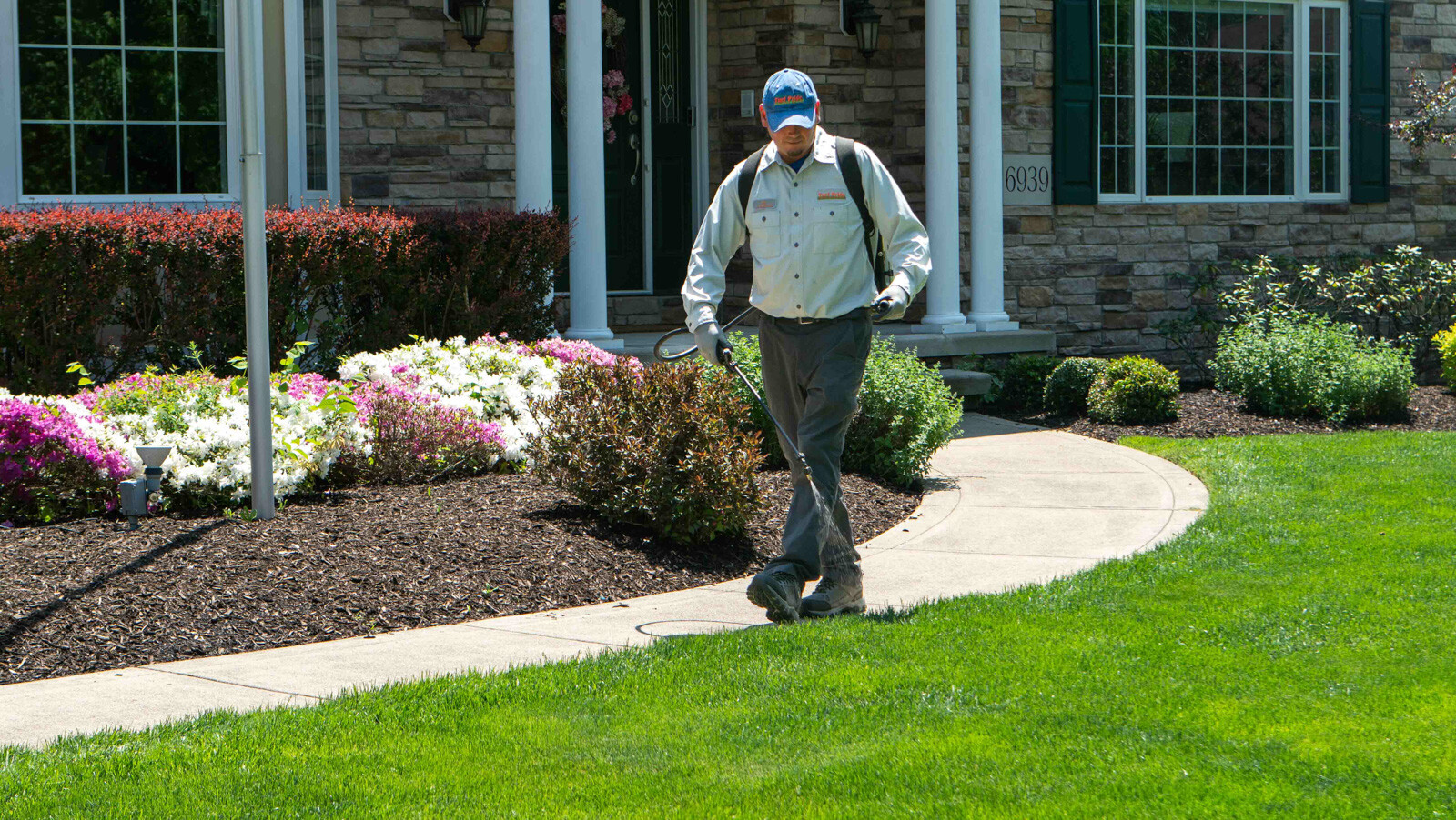 lawn care technician spraying for weeds